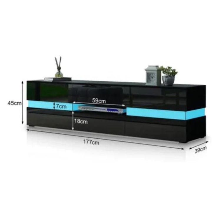Black High Gloss TV Entertainment Unit 177cm RGB LED Doors Drawer | Greenora Living Australia