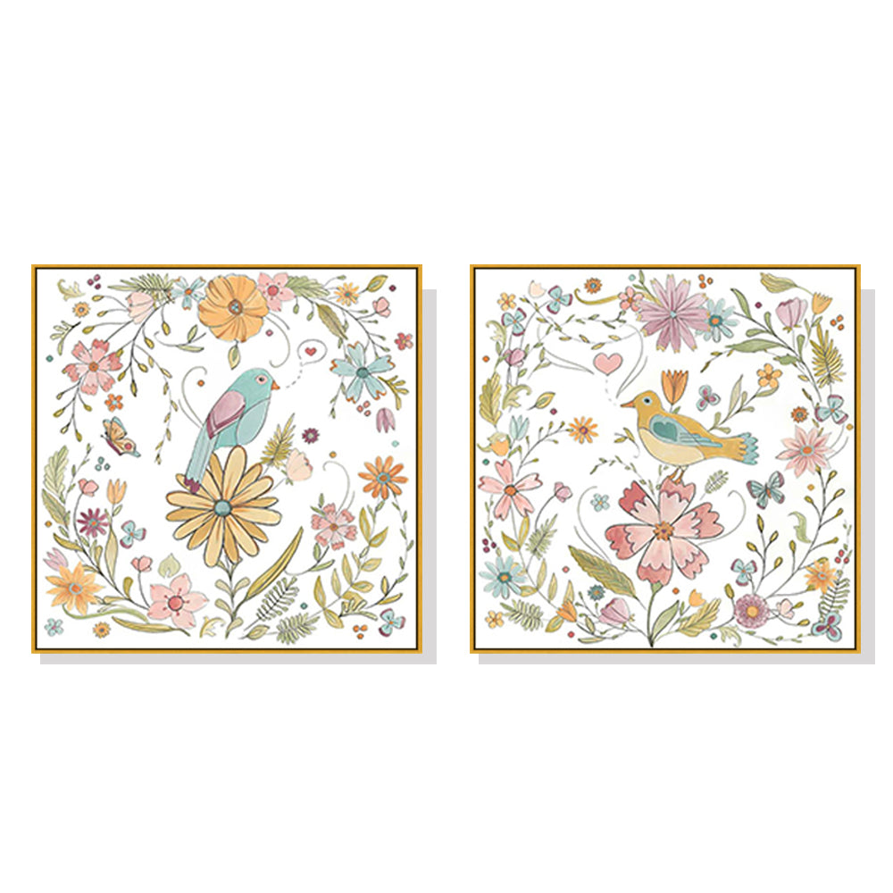 Floral Birds Canvas Wall Art Set of 2 – Gold Float Frame 50x50cm - Greenora Living