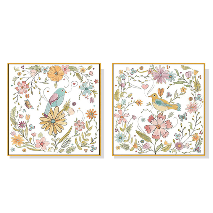 Floral Birds Canvas Wall Art Set of 2 – Gold Float Frame 50x50cm - Greenora Living