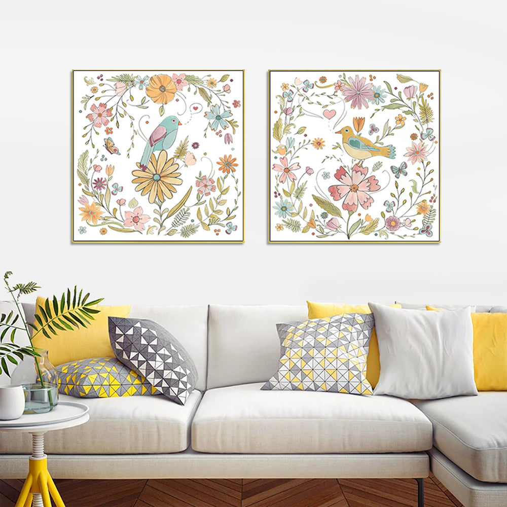 Floral Birds Canvas Wall Art Set of 2 – Gold Float Frame 50x50cm - Greenora Living