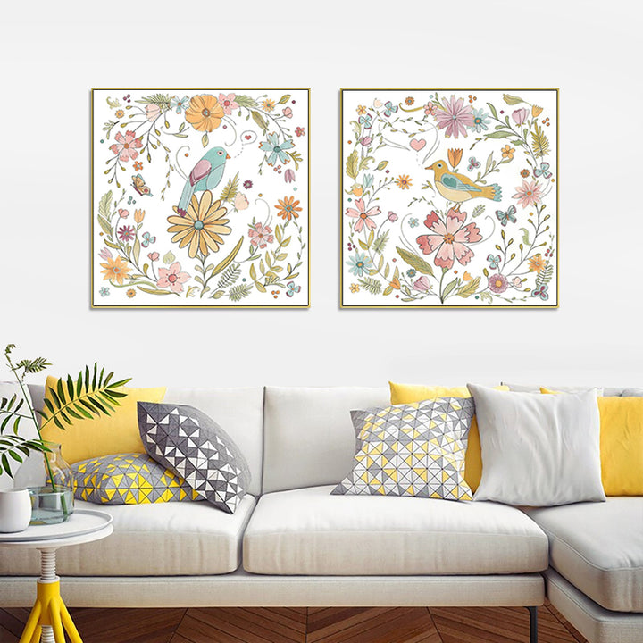 Floral Birds Canvas Wall Art Set of 2 – Gold Float Frame 50x50cm - Greenora Living