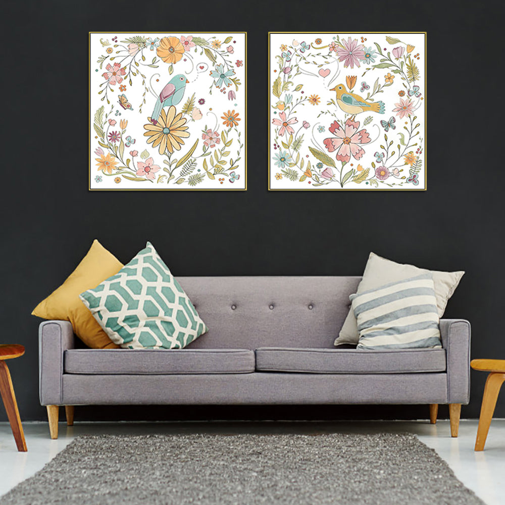 Floral Birds Canvas Wall Art Set of 2 – Gold Float Frame 50x50cm - Greenora Living