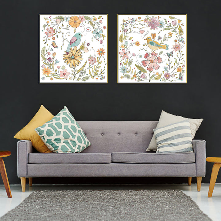 Floral Birds Canvas Wall Art Set of 2 – Gold Float Frame 50x50cm - Greenora Living