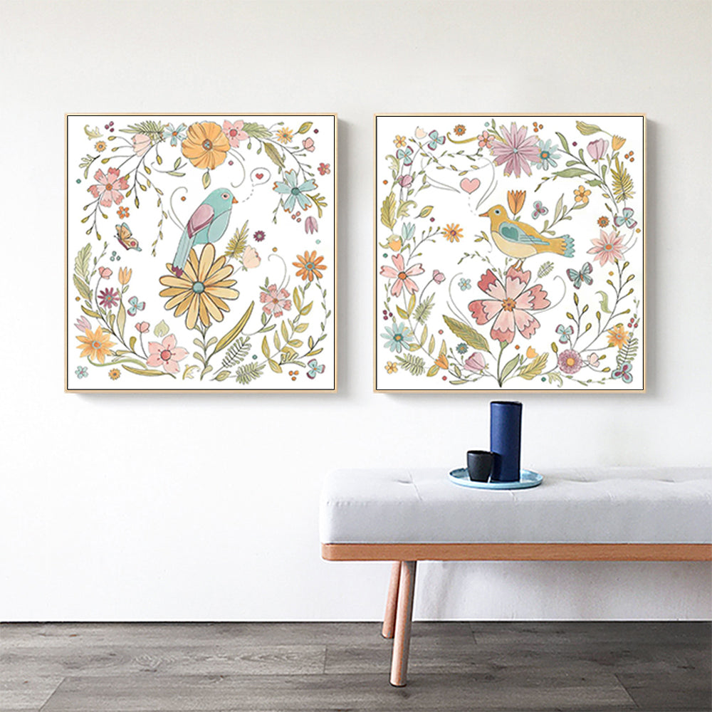 Floral Birds Canvas Wall Art Set of 2 – Gold Float Frame 50x50cm - Greenora Living