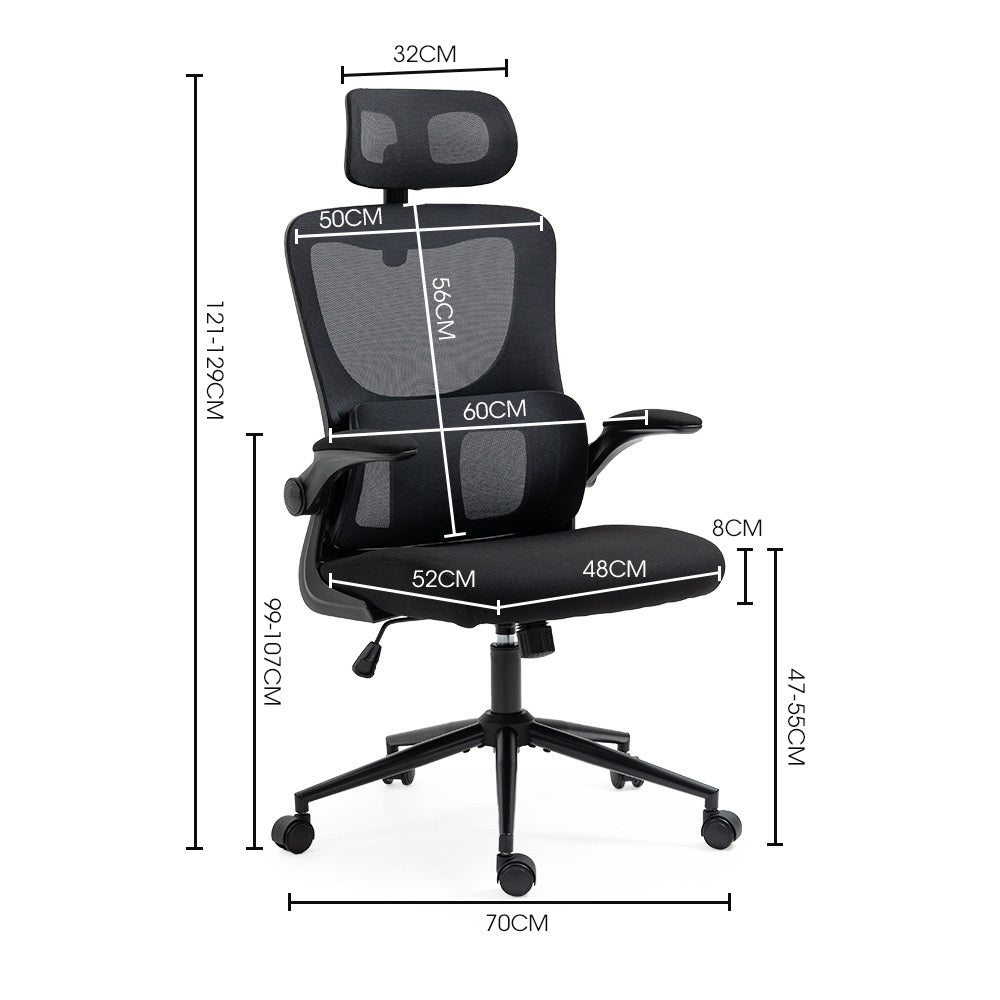 Ergonomic Mesh Office Chair – Lumbar Support, Adjustable Headrest &amp; Retractable Armrests | 120kg | Black - Greenora Living