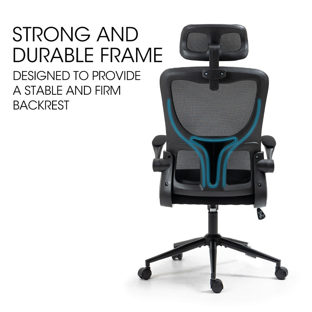 Ergonomic Mesh Office Chair – Lumbar Support, Adjustable Headrest &amp; Retractable Armrests | 120kg | Black - Greenora Living