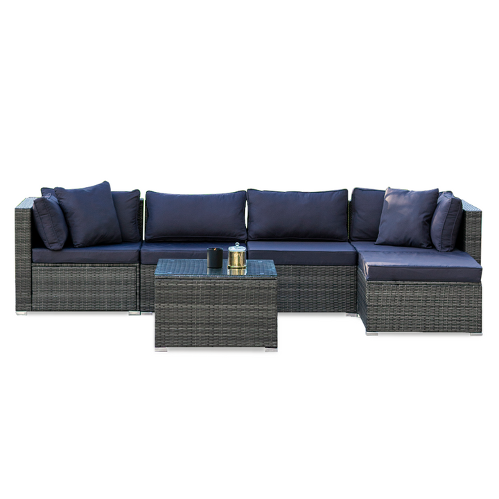 Marl Grey 5-Seater Modular Outdoor Rattan Lounge Set with Ottoman and Glass Coffee Table - Greenora Living