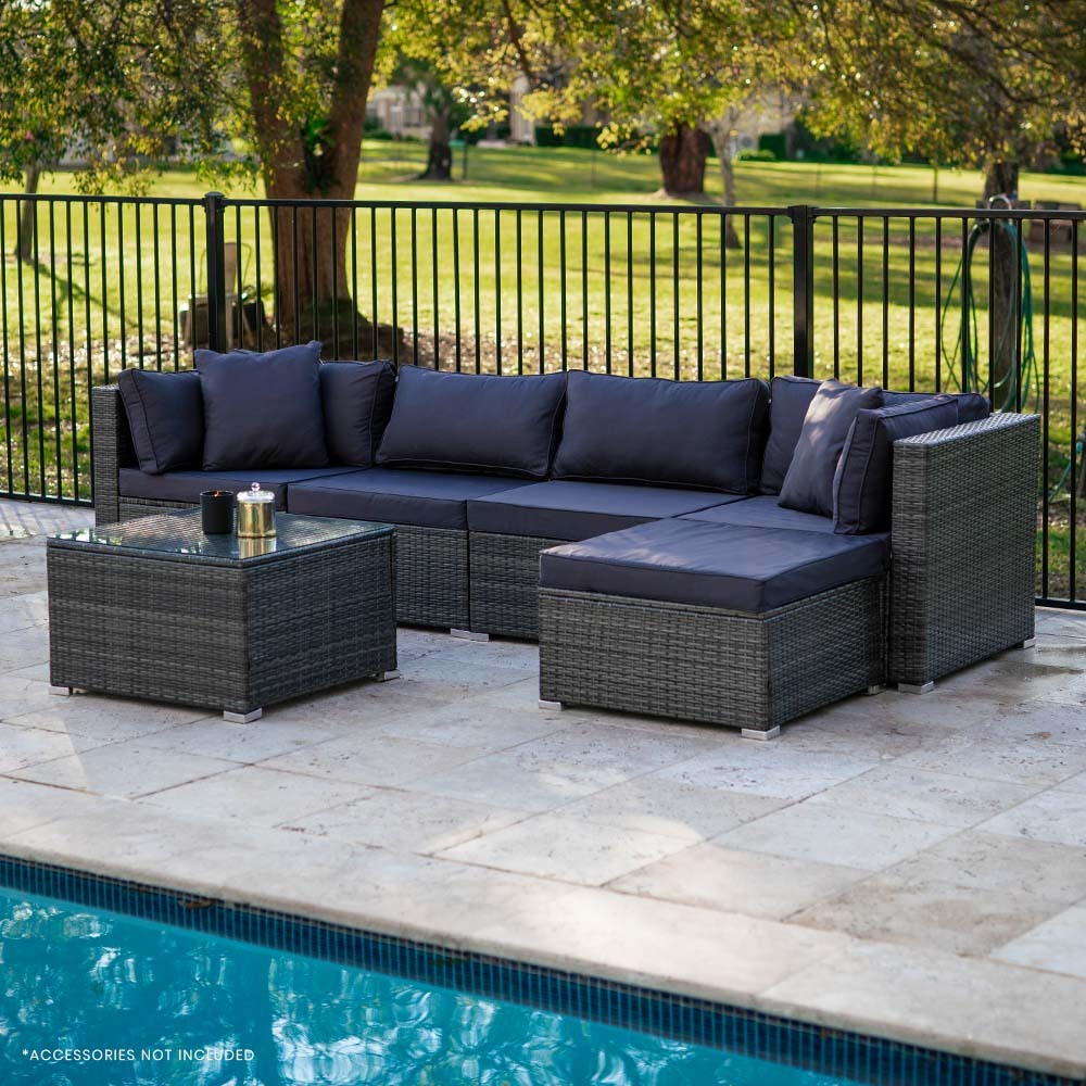 Marl Grey 5-Seater Modular Outdoor Rattan Lounge Set with Ottoman and Glass Coffee Table - Greenora Living