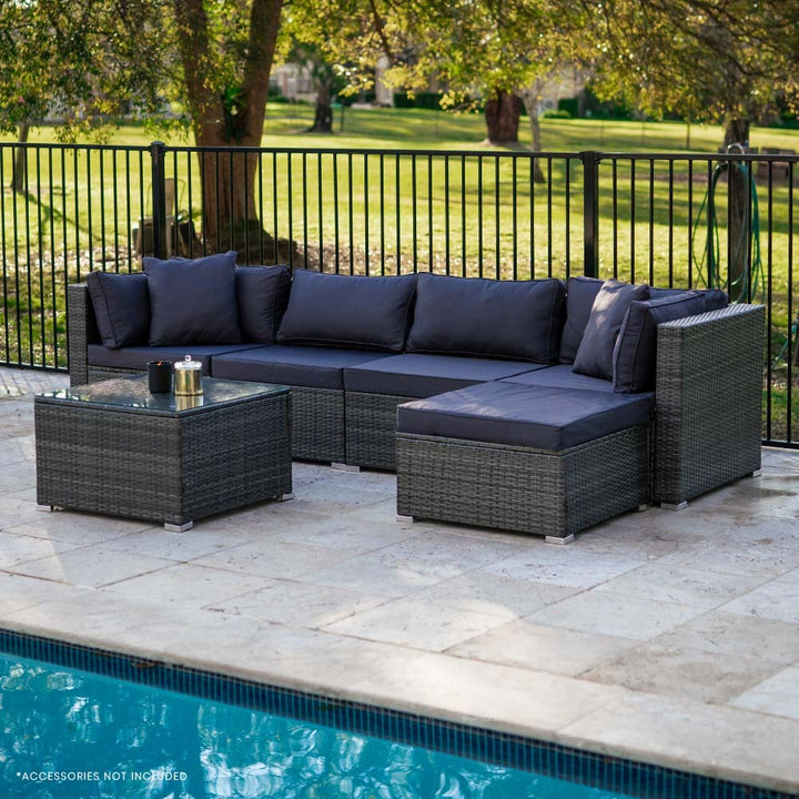 Marl Grey 5-Seater Modular Outdoor Rattan Lounge Set with Ottoman and Glass Coffee Table - Greenora Living