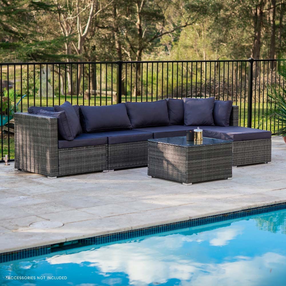 Marl Grey 5-Seater Modular Outdoor Rattan Lounge Set with Ottoman and Glass Coffee Table - Greenora Living