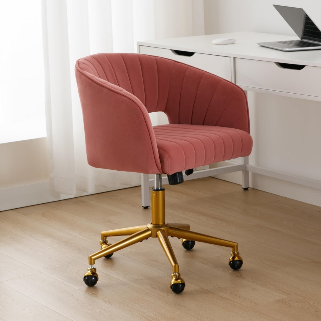 Velvet Office Chair with Ergonomic Hollow Back, Gold Base &amp; Silent Wheels | Rose - Greenora Living