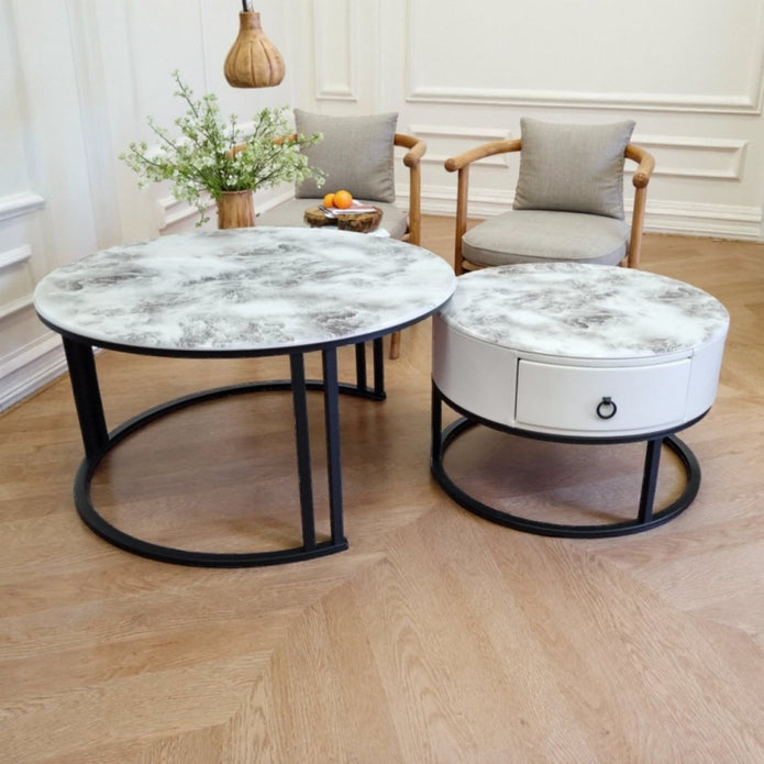 Slate Duo Nesting Coffee Table Set with Drawer and Metal Frame - Greenora Living