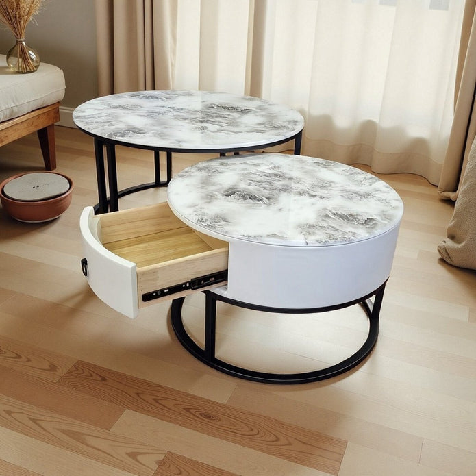 Slate Duo Nesting Coffee Table Set with Drawer and Metal Frame - Greenora Living