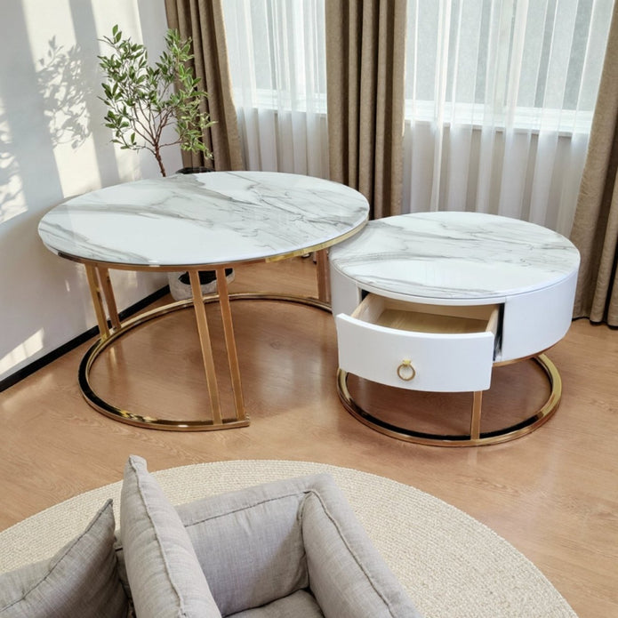 Slate Duo Gold Nesting Coffee Table Set with Drawer and Gold Metal Frame - Greenora Living
