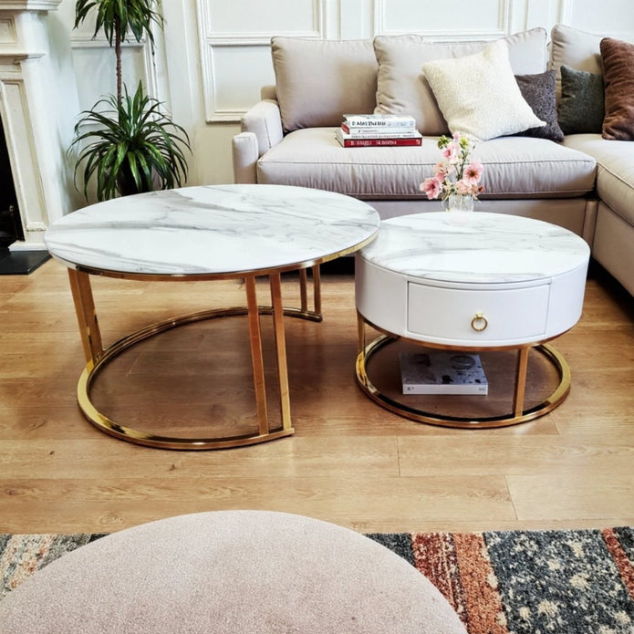 Slate Duo Gold Nesting Coffee Table Set with Drawer and Gold Metal Frame - Greenora Living