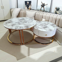 Slate Duo Noir Nesting Coffee Table Set with Drawer and Black Gold Frame - Greenora Living