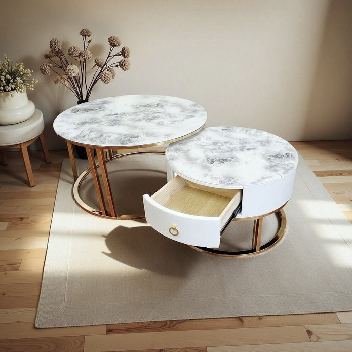 Slate Duo Noir Nesting Coffee Table Set with Drawer and Black Gold Frame - Greenora Living