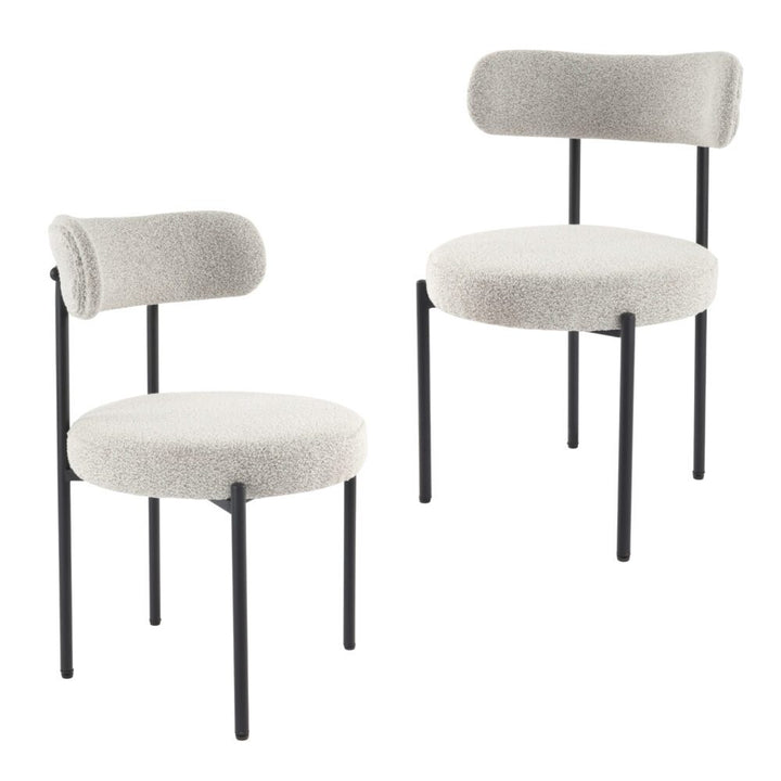 White Quartz Elsa Set of 2 Boucle Dining Chairs – Curved Backrest | 8cm Cushion | Matte Black Steel Frame | White Quartz - Greenora Living