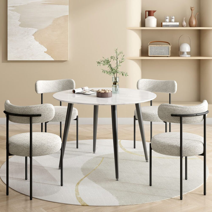 White Quartz Elsa Set of 2 Boucle Dining Chairs – Curved Backrest | 8cm Cushion | Matte Black Steel Frame | White Quartz - Greenora Living