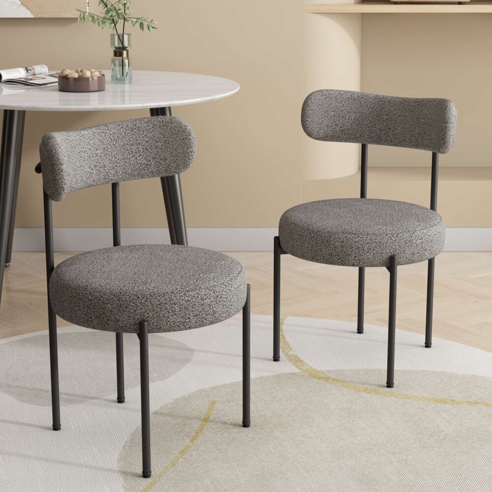 Slate Elsa Set of 2 Boucle Dining Chairs – Curved Backrest | 8cm Cushion | Matte Black Steel Frame | Slate Grey - Greenora Living