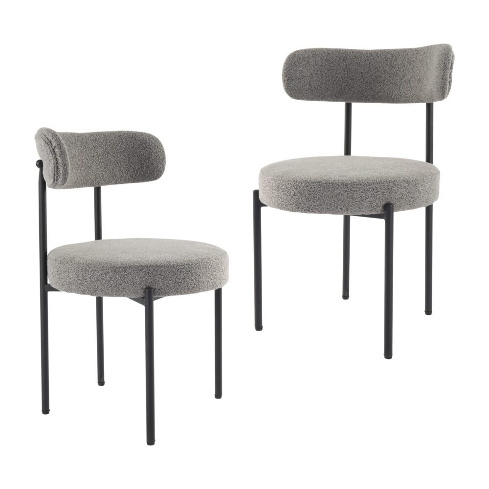 Slate Elsa Set of 2 Boucle Dining Chairs – Curved Backrest | 8cm Cushion | Matte Black Steel Frame | Slate Grey - Greenora Living