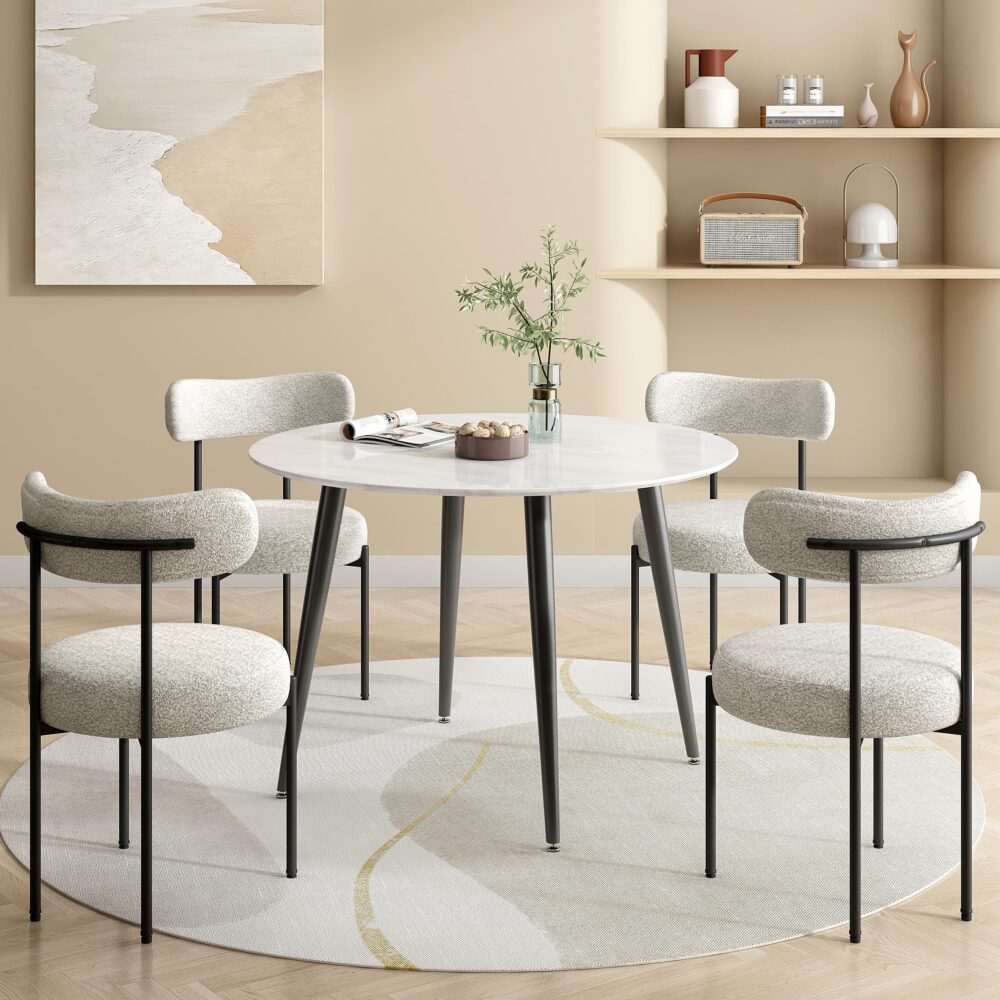 Round Marble-Effect Dining Table | Metal Frame, Seats 4 | 110cm | Greenora Living Australia