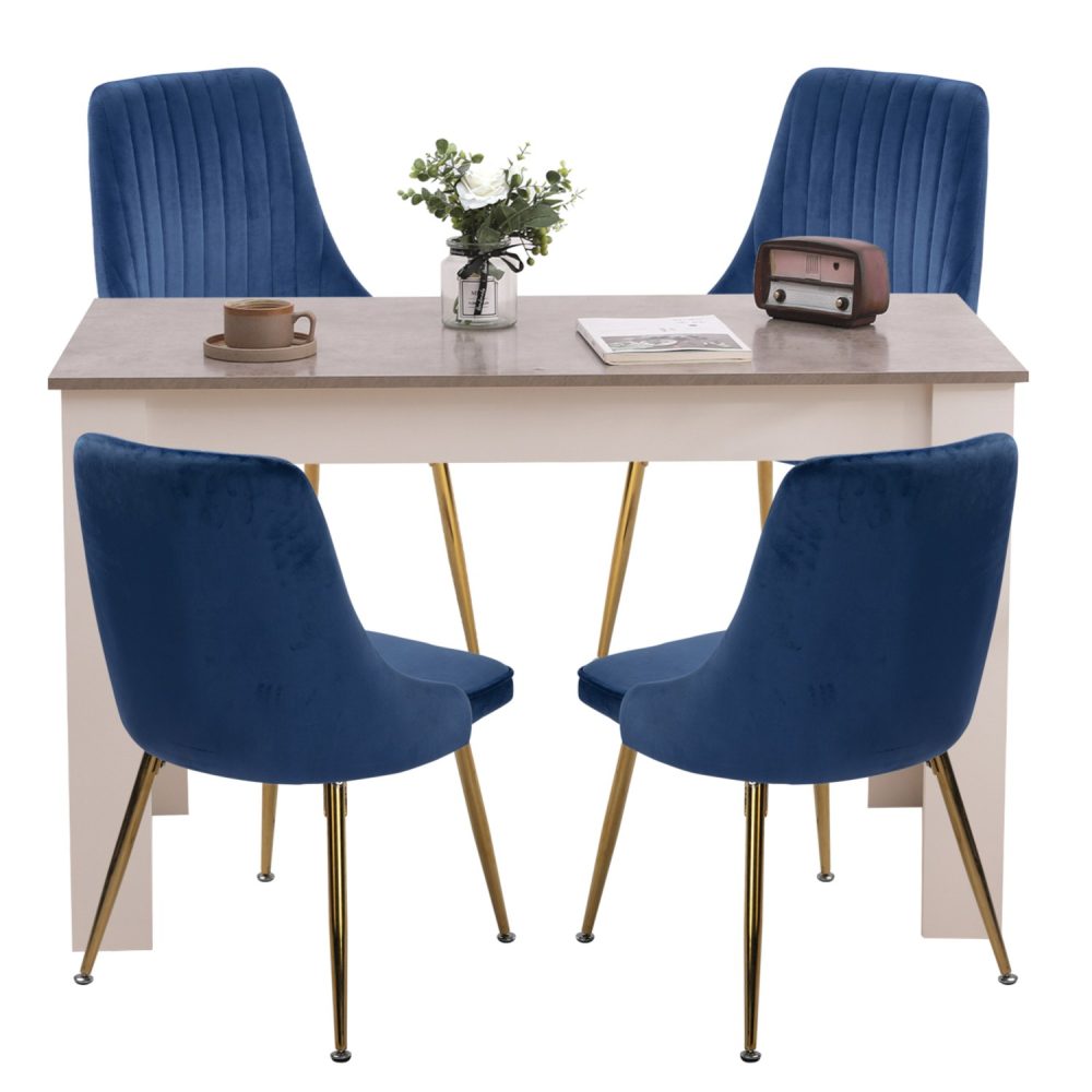 Sapphire Feast 5-Piece Dining Set – Grey Rectangular Table & 4 Blue Velvet Chairs | Gold Splayed Legs | Seats 4 - Greenora Living