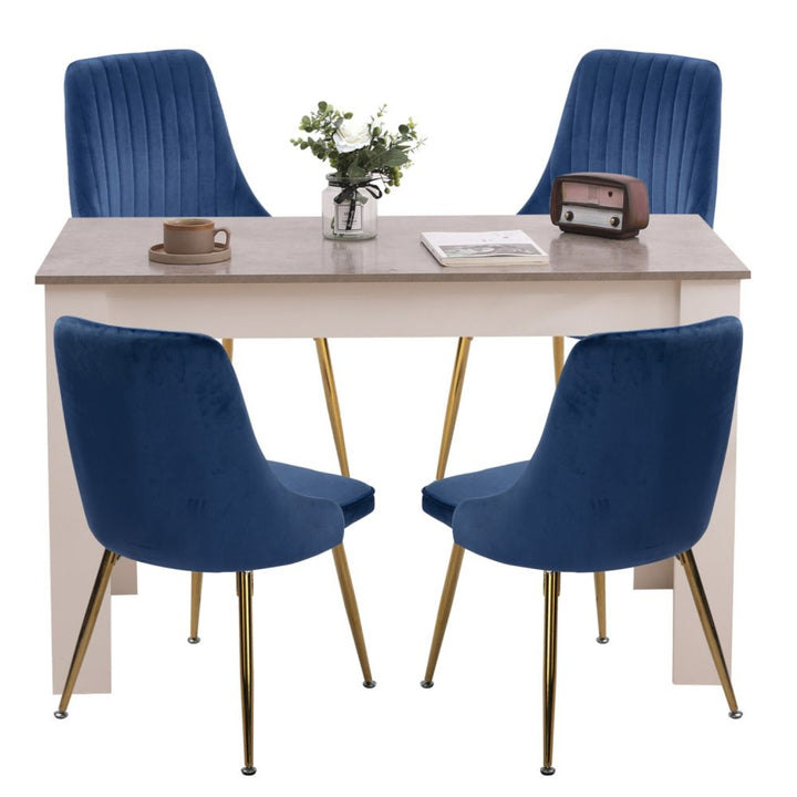 Sapphire Feast 5-Piece Dining Set – Grey Rectangular Table &amp; 4 Blue Velvet Chairs | Gold Splayed Legs | Seats 4 - Greenora Living
