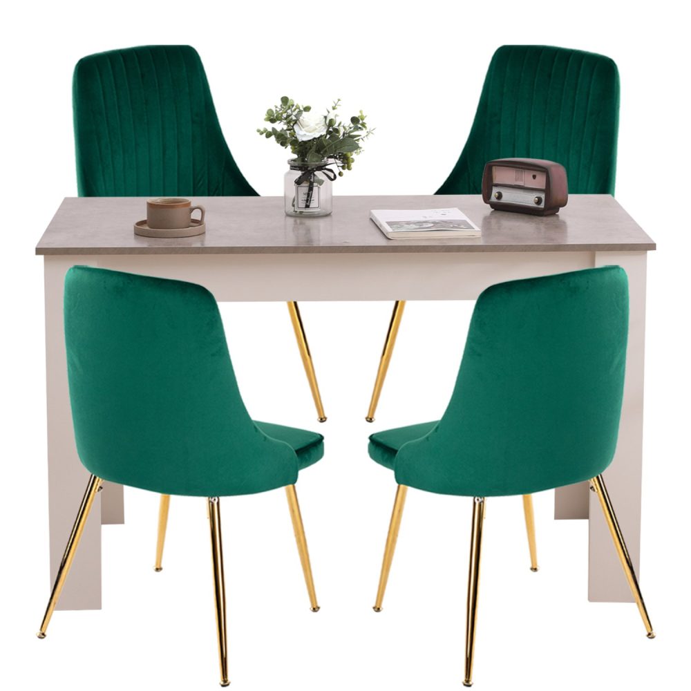 Emerald Feast 5-Piece Dining Set – Grey Rectangular Table & 4 Green Velvet Chairs | Gold Splayed Legs | Seats 4 - Greenora Living