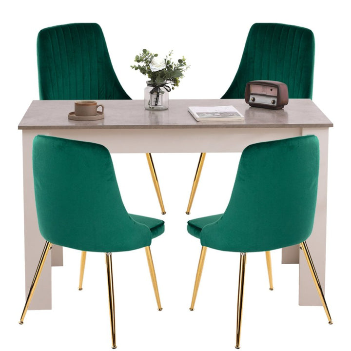 Emerald Feast 5-Piece Dining Set – Grey Rectangular Table &amp; 4 Green Velvet Chairs | Gold Splayed Legs | Seats 4 - Greenora Living
