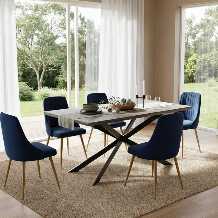 7-Piece Dining Set | Marble-Effect Table &amp; 6 Navy Velvet Scallop Chairs with Gold Legs | Greenora Living Australia