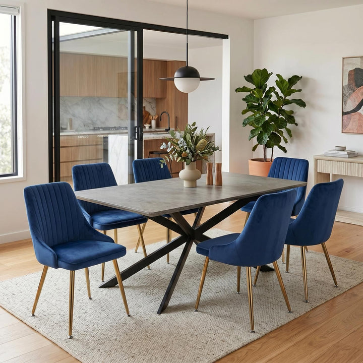 7-Piece Dining Set | Marble-Effect Table &amp; 6 Navy Velvet Scallop Chairs with Gold Legs | Greenora Living Australia