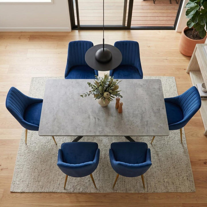 7-Piece Dining Set | Marble-Effect Table &amp; 6 Navy Velvet Scallop Chairs with Gold Legs | Greenora Living Australia