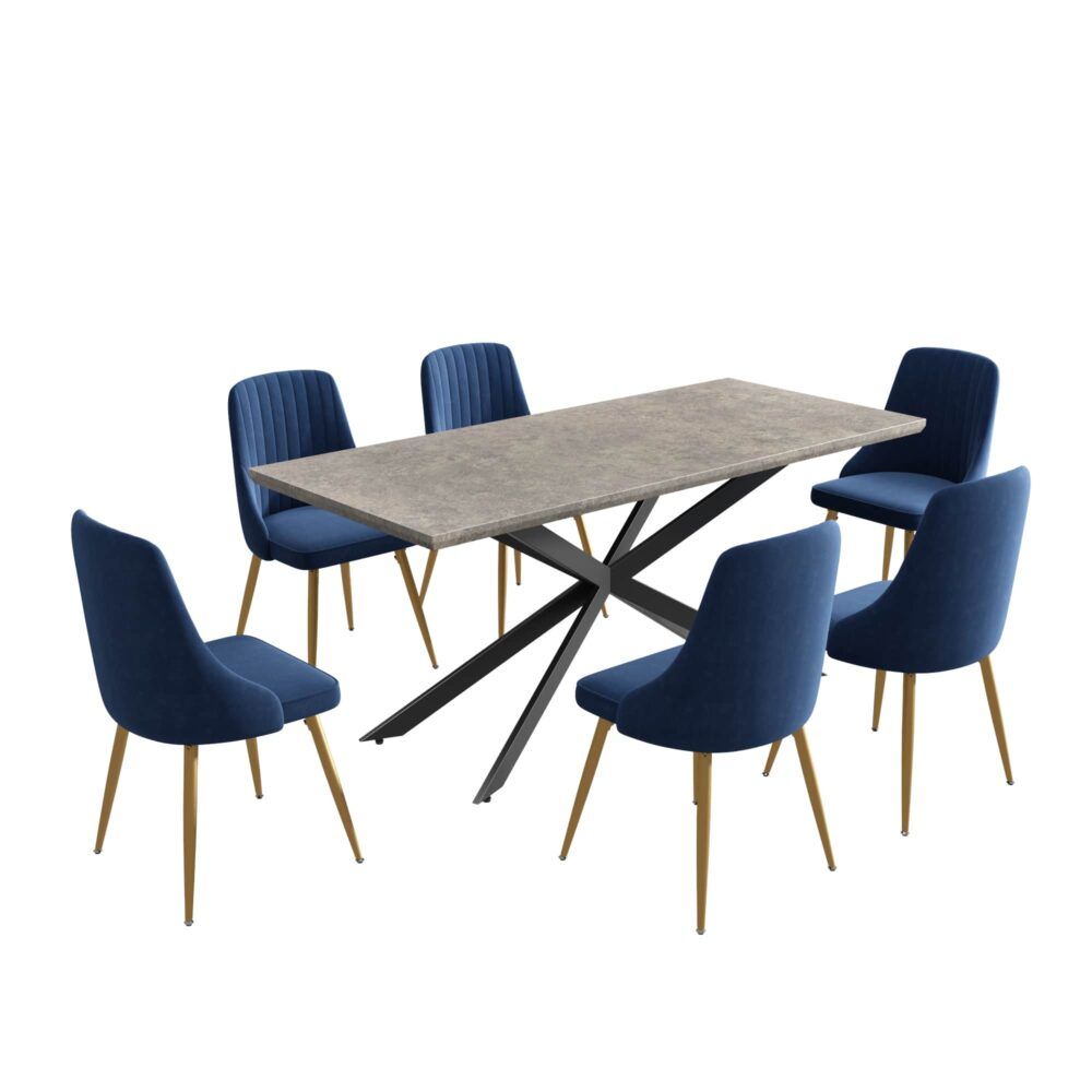 7-Piece Dining Set | Marble-Effect Table &amp; 6 Navy Velvet Scallop Chairs with Gold Legs | Greenora Living Australia