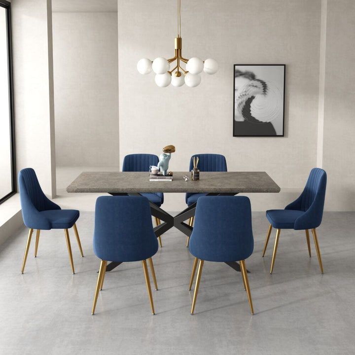 7-Piece Dining Set | Marble-Effect Table &amp; 6 Navy Velvet Scallop Chairs with Gold Legs | Greenora Living Australia