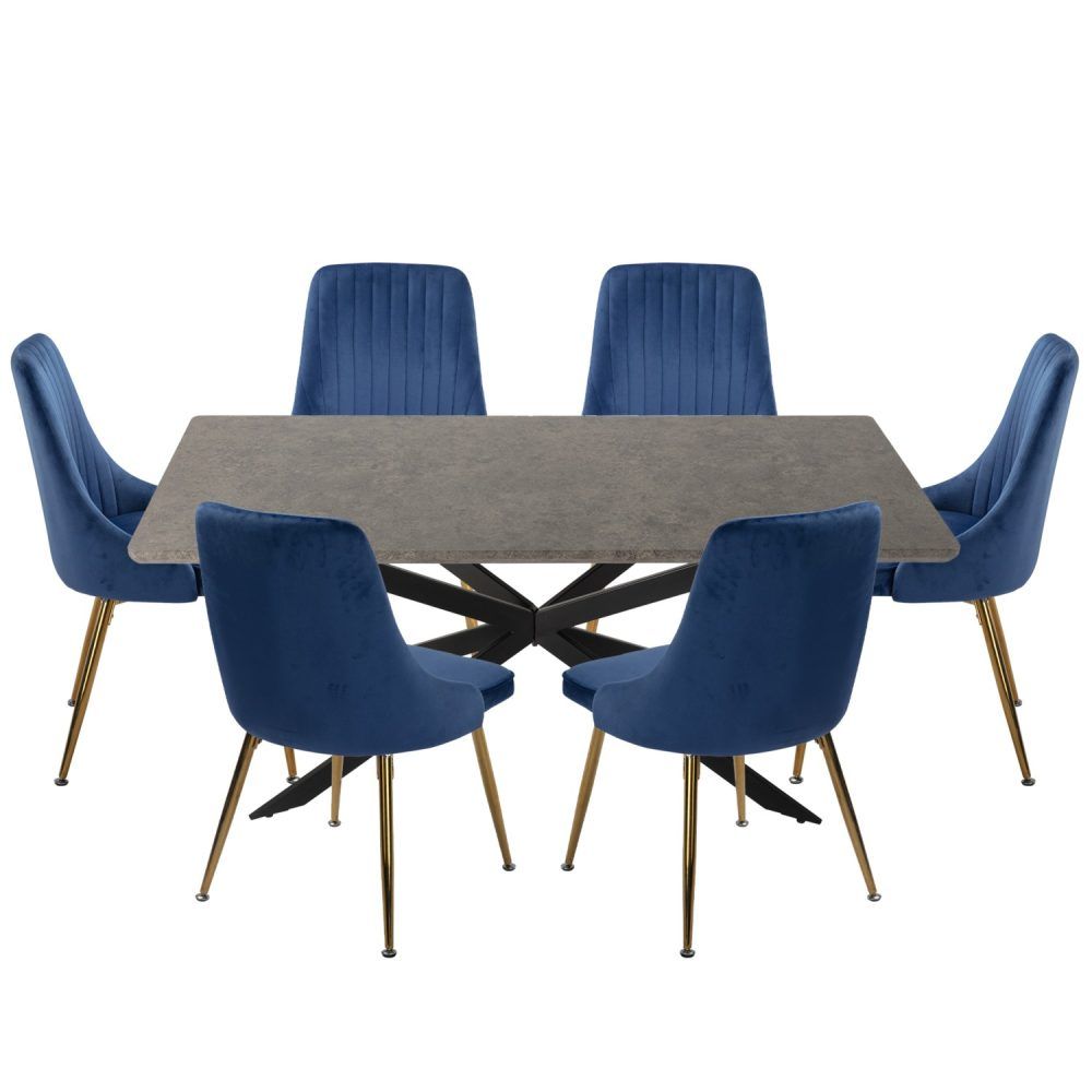 7-Piece Dining Set | Marble-Effect Table &amp; 6 Navy Velvet Scallop Chairs with Gold Legs | Greenora Living Australia