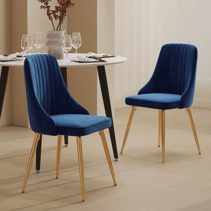 7-Piece Dining Set | Marble-Effect Table &amp; 6 Navy Velvet Scallop Chairs with Gold Legs | Greenora Living Australia