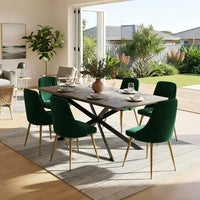 7-Piece Dining Set | Marble-Effect Table & 6 Green Velvet Scallop Chairs with Gold Legs | Greenora Living Australia