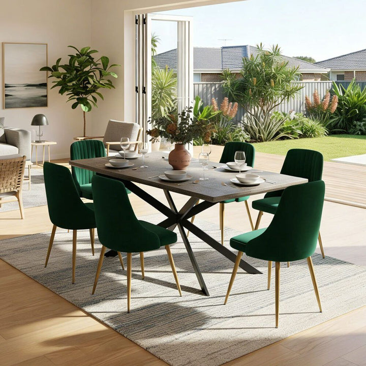 7-Piece Dining Set | Marble-Effect Table &amp; 6 Green Velvet Scallop Chairs with Gold Legs | Greenora Living Australia