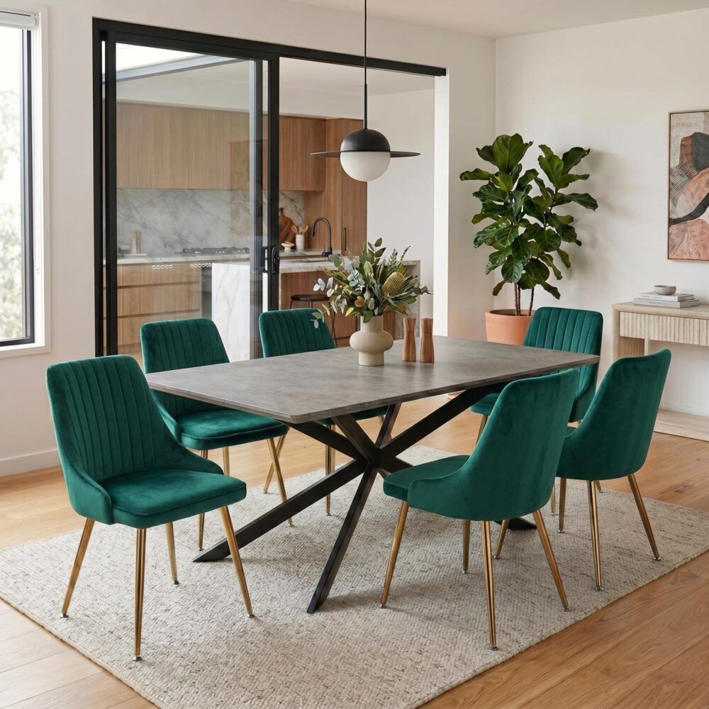 7-Piece Dining Set | Marble-Effect Table & 6 Green Velvet Scallop Chairs with Gold Legs | Greenora Living Australia