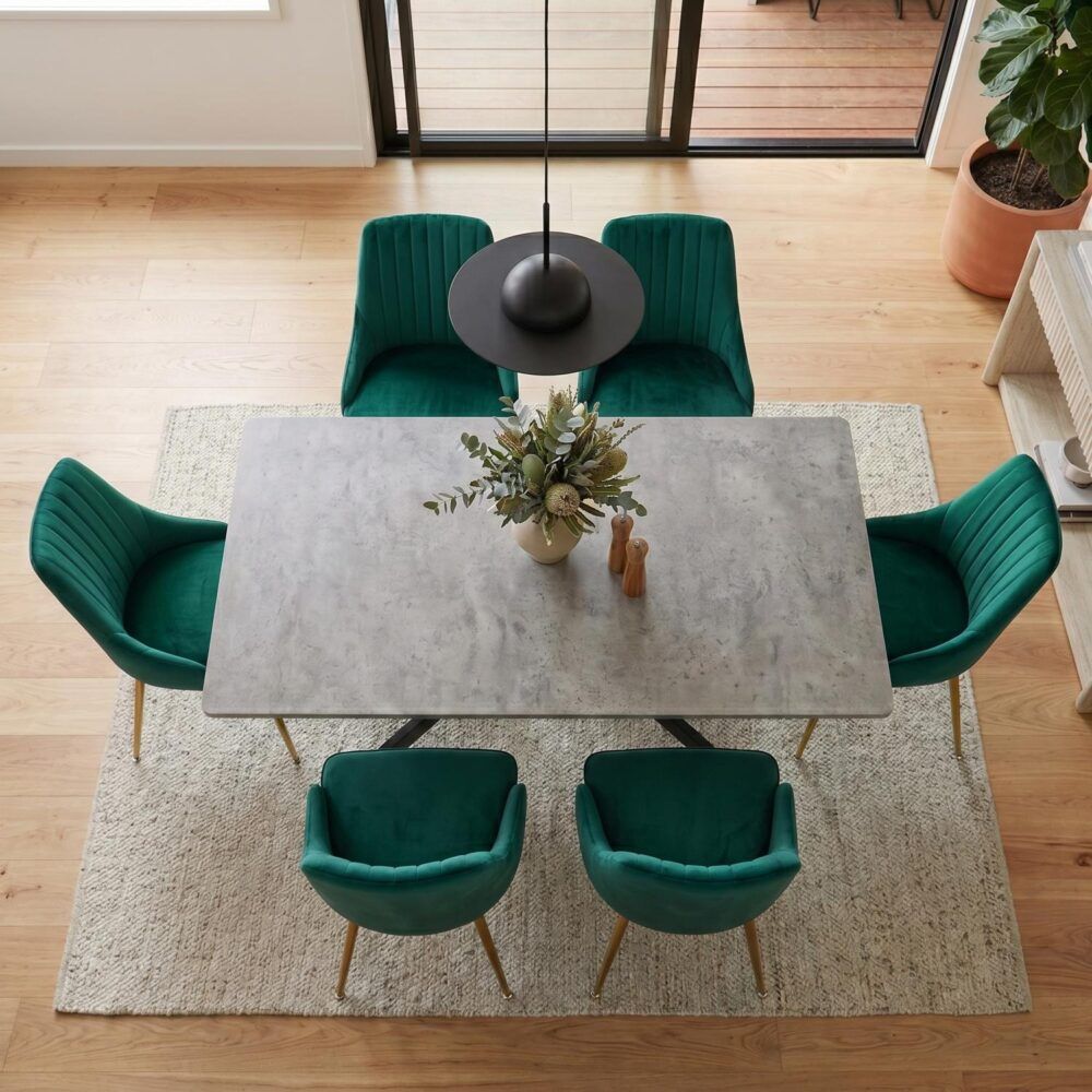 7-Piece Dining Set | Marble-Effect Table &amp; 6 Green Velvet Scallop Chairs with Gold Legs | Greenora Living Australia