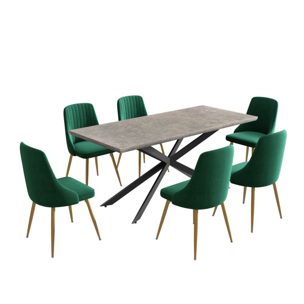 7-Piece Dining Set | Marble-Effect Table &amp; 6 Green Velvet Scallop Chairs with Gold Legs | Greenora Living Australia