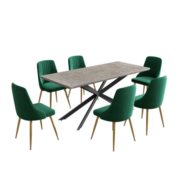 7-Piece Dining Set | Marble-Effect Table &amp; 6 Green Velvet Scallop Chairs with Gold Legs | Greenora Living Australia