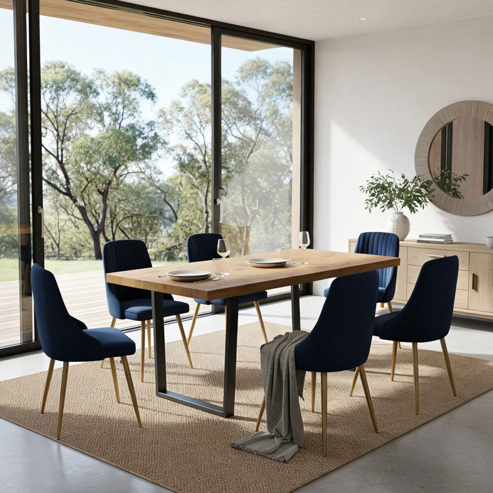 7-Piece Dining Set | Natural Wood-Look Table & 6 Navy Velvet Scallop Chairs with Gold Legs | Greenora Living Australia