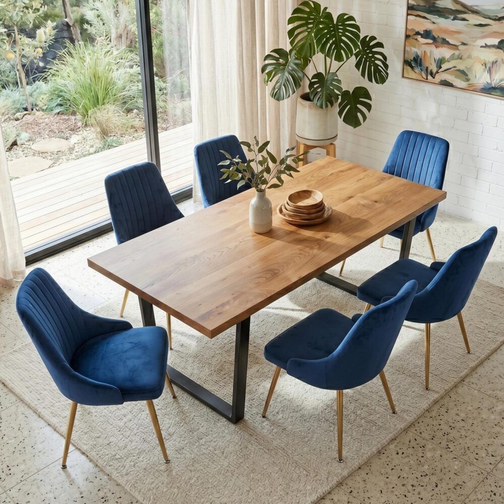 7-Piece Dining Set | Natural Wood-Look Table &amp; 6 Navy Velvet Scallop Chairs with Gold Legs | Greenora Living Australia