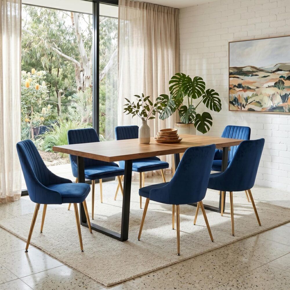 7-Piece Dining Set | Natural Wood-Look Table &amp; 6 Navy Velvet Scallop Chairs with Gold Legs | Greenora Living Australia