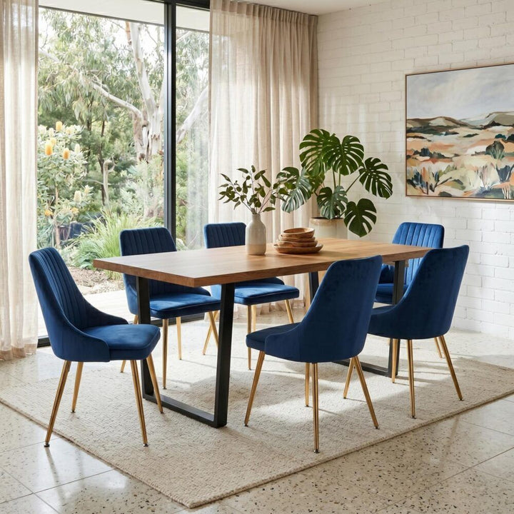 7-Piece Dining Set | Natural Wood-Look Table &amp; 6 Navy Velvet Scallop Chairs with Gold Legs | Greenora Living Australia
