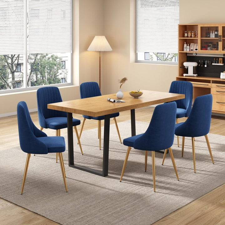 7-Piece Dining Set | Natural Wood-Look Table &amp; 6 Navy Velvet Scallop Chairs with Gold Legs | Greenora Living Australia
