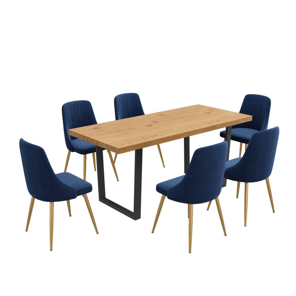 7-Piece Dining Set | Natural Wood-Look Table &amp; 6 Navy Velvet Scallop Chairs with Gold Legs | Greenora Living Australia