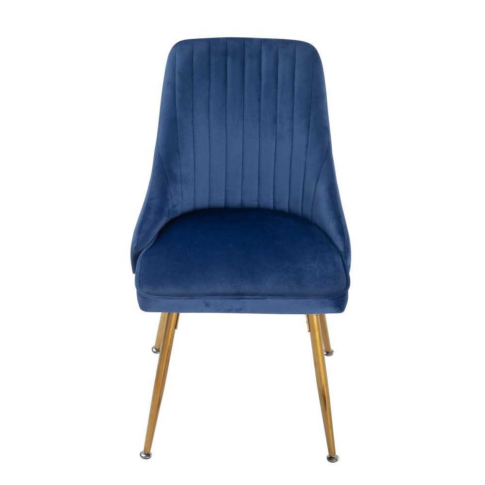 7-Piece Dining Set | Natural Wood-Look Table &amp; 6 Navy Velvet Scallop Chairs with Gold Legs | Greenora Living Australia